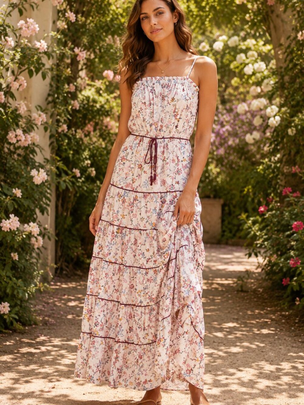 Kos Resort Boho Cottagecore Floral Print Tiered Maxi Dress Sz S
